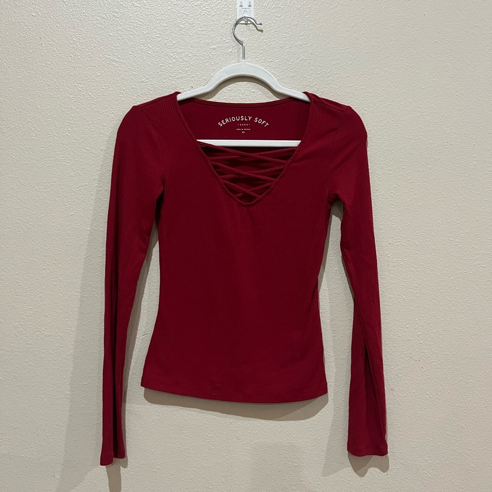 Aeropostale Red Ribbed Long Sleeve Cross Front Top Size XS